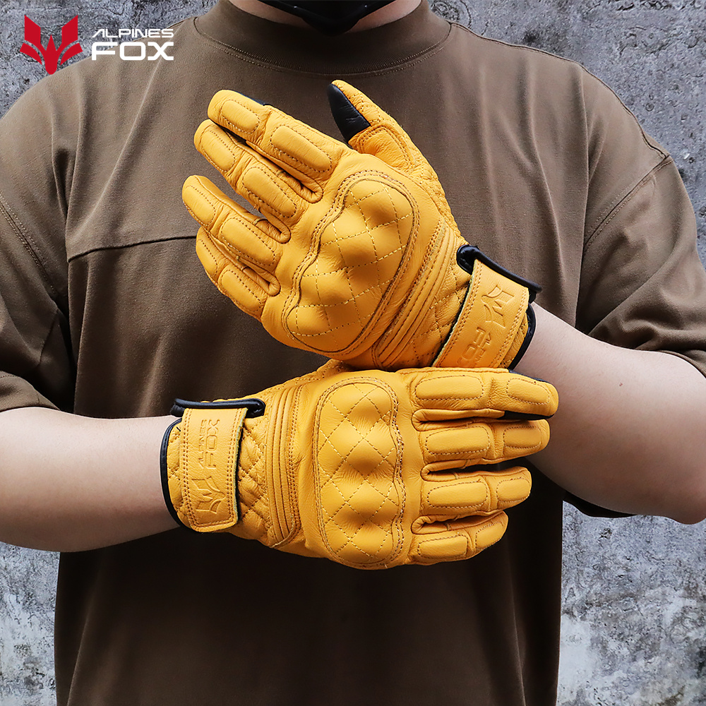 Motorcycle Gear Yellow - Retro Motorcycle Gloves Real Leather Full